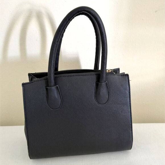 Chic Black Mini Satchel Purse Gold Medallion Faux Leather Handbag - Picture 3 of 9